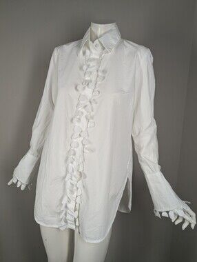 Silvia Tcherassi Moldovi White Fringe Trim Long Sleeve Button-Front Blouse Xs